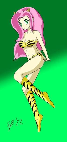 Size: 772x1621 | Tagged: suggestive, artist:cartoon-eric, derpibooru import, fluttershy, human, equestria girls, clothes, cosplay, costume, green background, horns, image, jpeg, lum invader, simple background, tiger print, urusei yatsura