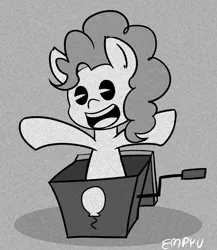 Size: 867x1000 | Tagged: safe, artist:empyu, derpibooru import, pinkie pie, pony, 15 minute art challenge, gray background, grayscale, image, monochrome, open mouth, png, simple background