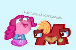 Size: 1800x1200 | Tagged: safe, artist:maddeleineishere, derpibooru import, big macintosh, pinkie pie, alphabet lore, blue background, clothes, cosplay, costume, crossover, dress, duo, female, image, jpeg, lidded eyes, m, male, no more ponies at source, open mouth, p, simple background, tongue out, wig