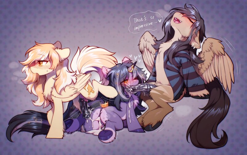 Size: 2048x1286 | Tagged: explicit, artist:swaybat, derpibooru import, oc, unofficial characters only, pegasus, pony, unicorn, aftersex, creampie, cum, cum on body, facial, female, glazed dick, group sex, horsecock, image, jpeg, male, mmf threesome, nudity, oral, penis, sex, threesome, vaginal creampie