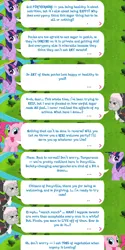 Size: 2048x4096 | Tagged: safe, derpibooru import, idw, official, pinkie pie, temperance flowerdew, twilight sparkle, twilight sparkle (alicorn), alicorn, earth pony, pony, anti-sugar league, clothes, dialogue, dialogue box, english, event, female, folded wings, gameloft, glasses, horn, idw showified, image, mare, png, speech bubble, sword, text, weapon, wings