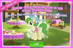 Size: 1964x1298 | Tagged: safe, derpibooru import, official, earth pony, pony, bandana, cajun ponies, clothes, ear piercing, earring, english, female, gameloft, image, jewelry, jpeg, mare, piercing, shirt, solo, solo focus, spring green, text