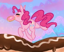 Size: 1850x1490 | Tagged: safe, artist:nootaz, derpibooru import, pinkie pie, earth pony, pony, blushing, candy, cute, detailed background, diapinkes, donut, eclair, eyes closed, female, food, happy, image, mare, png, prancing, solo