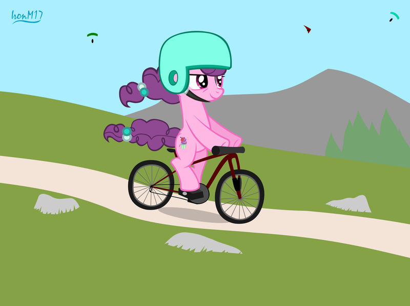 Size: 4186x3118 | Tagged: safe, artist:ironm17, derpibooru import, sugar belle, pony, unicorn, bicycle, female, helmet, high res, image, mare, mountain, png, solo
