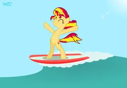 Size: 4478x3118 | Tagged: safe, artist:ironm17, derpibooru import, sunset shimmer, pony, unicorn, bipedal, eyes closed, female, high res, image, mare, png, smiling, solo, surfboard, surfing, wave
