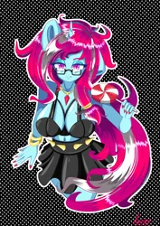 Size: 4961x7016 | Tagged: suggestive, artist:hisp, derpibooru import, oc, oc:sugar lace, unofficial characters only, anthro, unicorn, big breasts, black dress, breasts, candy, clothes, dress, female, food, glasses, gold, image, jewelry, jpeg, solo, solo female