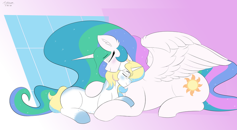 Size: 4000x2200 | Tagged: safe, artist:astrum, derpibooru import, princess celestia, oc, oc:lunar moon, alicorn, pony, unicorn, abstract background, blank flank, canon x oc, cuddling, digital art, ethereal mane, ethereal tail, eyes closed, female, freckles, glasses, happy, hug, image, lying down, male, missing accessory, png, prone, smiling, spread wings, straight, tail, wholesome, wings