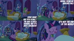 Size: 4400x2475 | Tagged: safe, derpibooru import, edit, edited screencap, editor:quoterific, screencap, spike, twilight sparkle, twilight sparkle (alicorn), alicorn, molt down, bed, image, png, spike's room, twilight's castle