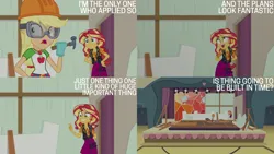 Size: 4400x2475 | Tagged: safe, derpibooru import, edit, edited screencap, editor:quoterific, screencap, applejack, sunset shimmer, constructive criticism, equestria girls, equestria girls series, clothes, goggles, hammer, hard hat, hat, image, png