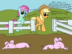 Size: 1000x750 | Tagged: safe, artist:amateur-draw, derpibooru import, oc, oc:belle boue, earth pony, pig, pony, unicorn, female, fence, hat, image, mammal, mare, mud, pig pen, png, text