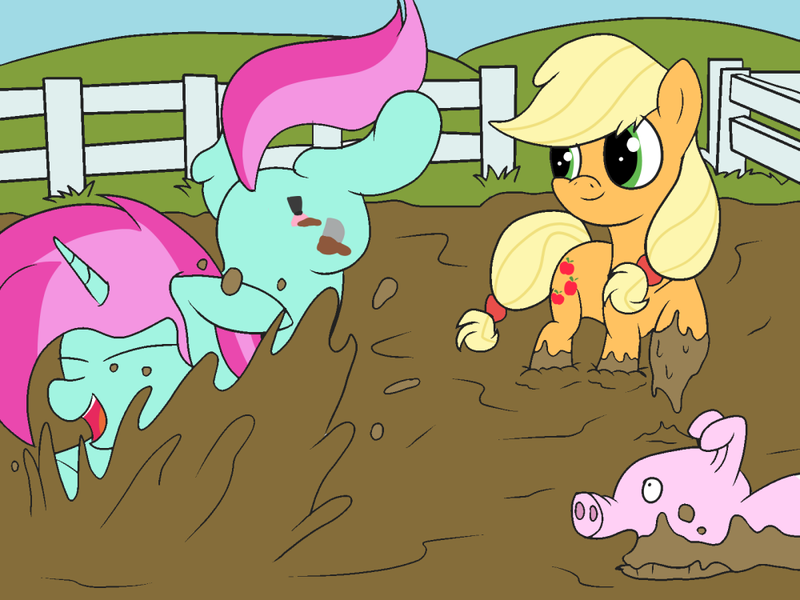 Size: 1000x750 | Tagged: safe, artist:amateur-draw, derpibooru import, applejack, oc, oc:belle boue, earth pony, pig, pony, unicorn, covered in mud, female, fence, image, mammal, mare, mud, mud bath, mud play, mud pony, muddy, pig pen, png, wet and messy