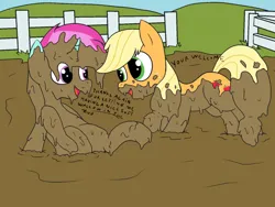 Size: 1000x750 | Tagged: safe, artist:amateur-draw, derpibooru import, applejack, oc, oc:belle boue, earth pony, pony, unicorn, covered in mud, female, fence, image, mare, mud, mud bath, mud play, mud pony, muddy, pig pen, png, text, wet and messy