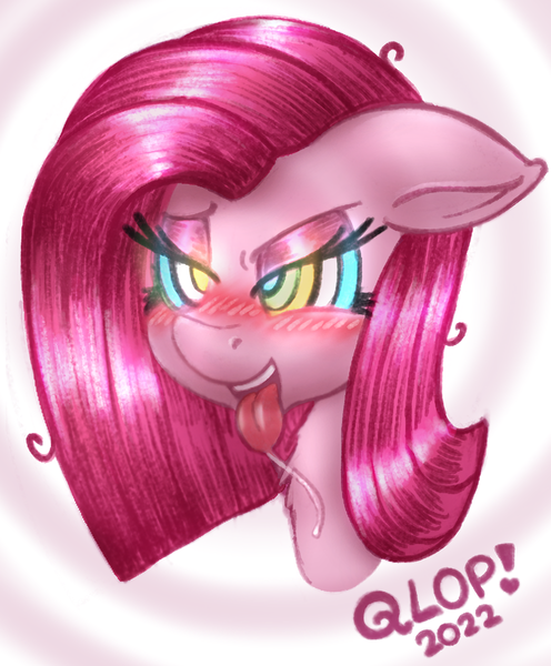 Size: 976x1180 | Tagged: suggestive, artist:qlop, pinkie pie, pony, abstract background, bedroom eyes, blushing, bust, drool, eyeshadow, female, floppy ears, hypno eyes, hypnosis, hypnotized, image, looking forward, makeup, mare, messy mane, neck fluff, open smile, pink coat, pink eyeshadow, pink mane, pinkamena diane pie, png, salivating, signature, solo, solo female, swirly eyes, tongue out