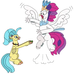 Size: 2886x2881 | Tagged: safe, artist:supahdonarudo, derpibooru import, princess skystar, queen novo, classical hippogriff, frog, hippogriff, my little pony: the movie, fear, female, holding, image, jewelry, jumping, mother and child, mother and daughter, necklace, png, scared, screaming, simple background, transparent background