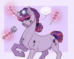 Size: 1280x1024 | Tagged: safe, artist:snowberry, derpibooru import, oc, oc:tinker bella, unicorn, curved horn, cutie mark, dirty, femboy, gears, goggles, horn, image, jpeg, magic, male, nudity, pink fur, screwdriver, sheath, telekinesis, tongue out, two toned mane, wrench