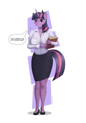 Size: 2500x3600 | Tagged: suggestive, artist:lustfulcherish, derpibooru import, twilight sparkle, anthro, unicorn, book, clothes, female, horn, image, librarian, png, shirt, shoes, simple background, skirt, skirt suit, smiling, solo, speech bubble, suit