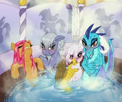 Size: 3500x2929 | Tagged: suggestive, artist:ladydino, derpibooru import, babs seed, gilda, limestone pie, princess ember, dragon, earth pony, gryphon, angry, angry at you, blushing, blushing profusely, fanfic art, frown, hot tub, image, looking at you, looking back, looking back at you, no clop november, no nut november, offscreen character, older, older babs seed, partially submerged, png, pointing, pointing at you, ponyville spa, pov, relaxing, steam, tomboy, towel, tsundere, wet, wet mane