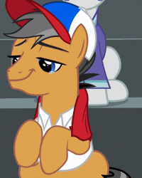 Size: 800x998 | Tagged: safe, derpibooru import, screencap, quibble pants, earth pony, pony, common ground, animated, baseball cap, cap, clothes, crying, gif, hat, image, male, shirt, solo focus, stallion, tears of joy, wiping tears