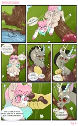 Size: 1988x3200 | Tagged: safe, artist:dozyarts, derpibooru import, discord, oc, oc:dozy, draconequus, pegasus, pony, comic:dozy, female, glasses, image, mare, png, tree