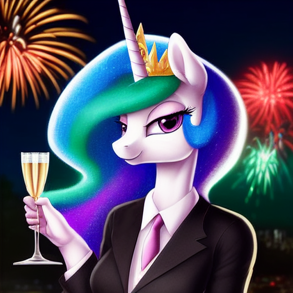 Size: 1024x1024 | Tagged: safe, derpibooru import, editor:dovakkins, machine learning generated, prompter:dovakkins, purplesmart.ai, stable diffusion, princess celestia, alicorn, anthro, beautiful, champagne glass, clothes, crown, female, fireworks, image, jewelry, necktie, night, png, regalia, smiling, suit