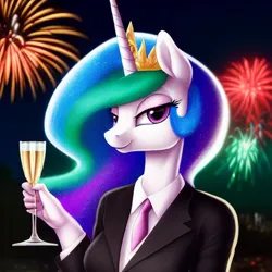 Size: 1024x1024 | Tagged: safe, derpibooru import, editor:dovakkins, machine learning generated, purplesmart.ai, stable diffusion, princess celestia, alicorn, anthro, beautiful, champagne glass, clothes, crown, female, fireworks, image, jewelry, necktie, night, png, regalia, smiling, suit