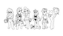 Size: 2048x1170 | Tagged: suggestive, artist:spectralunicorn, derpibooru import, applejack, fluttershy, pinkie pie, rainbow dash, rarity, spike, twilight sparkle, anthro, earth pony, iguana, pegasus, unguligrade anthro, unicorn, alternate hairstyle, belly button, bikini, black and white, bottle, breasts, cleavage, clothed female nude female, clothes, cloven hooves, cooler, covering, embarrassed, embarrassed nude exposure, female, flannel shirt, grayscale, hat, image, mane seven, mane six, monochrome, nudity, png, simple background, skinny dipping, straw in mouth, sun hat, swimming trunks, swimsuit, we don't normally wear clothes, white background