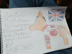 Size: 4000x3000 | Tagged: artist needed, safe, derpibooru import, ponified, earth pony, pony, british, british flag, clothes, formula 1, formula e, great britain, image, indycar, jpeg, justin wilson, memorial, pencil drawing, photo, shirt, smiling, solo, traditional art, united kingdom