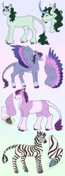 Size: 1280x3479 | Tagged: safe, artist:s0ftserve, derpibooru import, earth pony, pegasus, pony, unicorn, zebra, coat markings, colored wings, earth pony magic, headcanon, headcanon in the description, image, jpeg, leonine tail, magic, multicolored wings, pegasus magic, wings