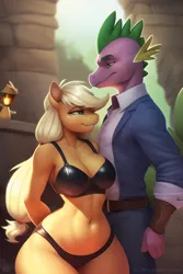Size: 768x1152 | Tagged: suggestive, derpibooru import, machine learning generated, applejack, spike, anthro, dragon, earth pony, applespike, arm behind back, belly button, blushing, bra, breasts, busty applejack, cleavage, clothes, curvy, female, freckles, hourglass figure, image, lantern, latex panties, lidded eyes, male, panties, pants, png, shipping, shirt, smiling, straight, underwear