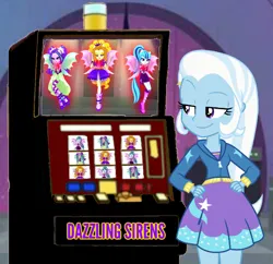 Size: 576x558 | Tagged: safe, artist:jakeyfrollogothel, derpibooru import, adagio dazzle, aria blaze, sonata dusk, trixie, human, equestria girls, image, jpeg, slot machine, smiling, the dazzlings