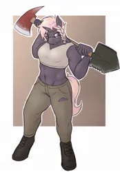 Size: 893x1280 | Tagged: safe, artist:daf, derpibooru import, oc, oc:grenadine, unofficial characters only, anthro, unicorn, abs, axe, clothes, female, glasses, image, jpeg, midriff, muscles, muscular female, shovel, solo, tanktop, weapon