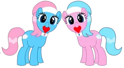 Size: 1380x760 | Tagged: safe, artist:ironwoodakacleanser, derpibooru import, aloe, lotus blossom, earth pony, pony, cute, duo, female, heart, hearts and hooves day, image, looking at you, mare, mouth hold, png, siblings, simple background, sisters, spa twins, standing, transparent background, vector