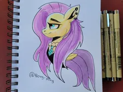 Size: 2048x1536 | Tagged: safe, artist:poxy_boxy, derpibooru import, fluttershy, pegasus, pony, bust, clothes, dress, ear piercing, earring, female, fluttergoth, image, jewelry, jpeg, mare, piercing, profile, signature, solo, traditional art