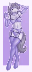 Size: 1817x4096 | Tagged: suggestive, alternate version, artist:daf, derpibooru import, oc, unofficial characters only, anthro, unguligrade anthro, unicorn, belly button, bra, choker, clothes, evening gloves, female, garter belt, gloves, image, jpeg, long gloves, panties, smiling, socks, solo, solo female, stockings, thigh highs, underwear