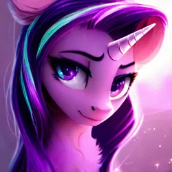 Size: 1024x1024 | Tagged: safe, derpibooru import, editor:hawkeyethree, machine learning generated, purplesmart.ai, stable diffusion, starlight glimmer, pony, unicorn, bust, chest fluff, eyebrows, female, g4, image, looking at you, mare, png, portrait, smiling, smiling at you, solo