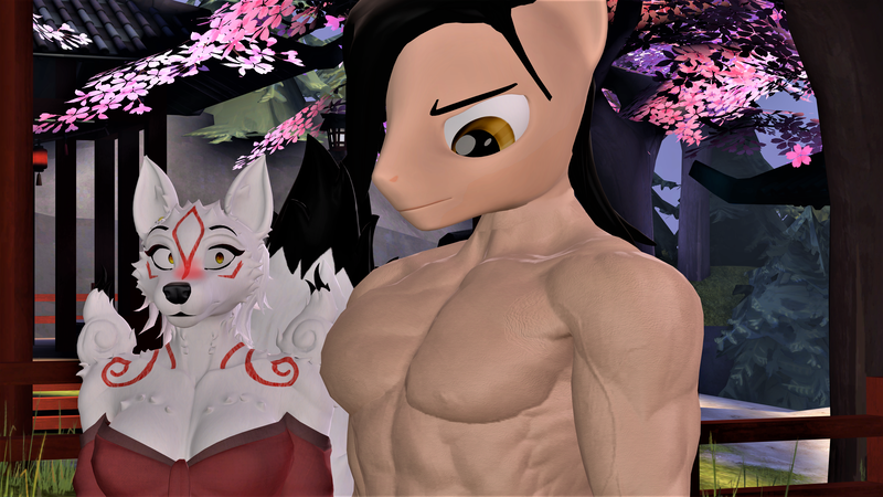 Size: 3840x2160 | Tagged: safe, artist:mr-wolfapex, derpibooru import, oc, oc:kurt marek (electro-crit), anthro, 3d, amaterasu, clothes, furry, girl staring at guy's chest, image, meme, okami, partial nudity, pecs, png, topless