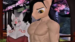 Size: 3840x2160 | Tagged: safe, artist:mr-wolfapex, derpibooru import, oc, oc:kurt marek (electro-crit), anthro, 3d, amaterasu, clothes, furry, girl staring at guy's chest, image, meme, okami, partial nudity, pecs, png, topless