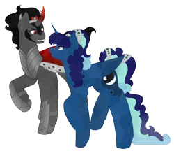 Size: 3952x3408 | Tagged: safe, artist:calibykitty, derpibooru import, king sombra, oc, oc:midnight specter, alicorn, crystal pony, pony, umbrum, unicorn, bedroom eyes, black mane, blue coat, brown eyes, canon x oc, cape, clothes, crystallized, eye contact, female, flowing hair, flowing mane, flowing tail, gray coat, height difference, horn, image, long hair, long mane, long tail, looking at each other, looking at someone, looking down, looking up, male, mare, multicolored hair, png, raised hoof, raised leg, red eyes, red horn, side view, simple background, smiling, smiling at each other, smirk, smug, stallion, tail, the crystal empire 10th anniversary, transparent background, watermark