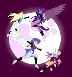 Size: 1500x1600 | Tagged: safe, artist:markuskus, derpibooru import, pipp petals, rarity, alicorn, anthro, bat, human, alicornified, breasts, clothes, fight, flying, g5, image, jetpack, leotard, moon, night, png, princess rosalina, race swap, rosalina, rouge the bat, sky, sky background, sonic the hedgehog (series), super mario bros.