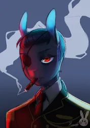 Size: 2480x3508 | Tagged: safe, artist:nozomi180, derpibooru import, oc, oc:zuru, unofficial characters only, anthro, pegasus, pony, bust, cigar, clothes, eyepatch, female, image, jpeg, mare, portrait, signature, simple background, smoke, smoking, soldier, solo, uniform