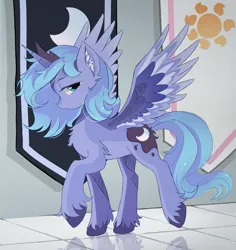 Size: 1181x1251 | Tagged: safe, artist:marychristine08, derpibooru import, princess luna, alicorn, pony, chest fluff, crown, female, image, jewelry, mare, png, regalia, s1 luna, solo, spread wings, unshorn fetlocks, walking, wings