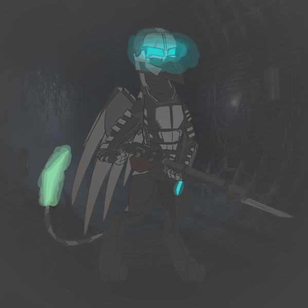 Size: 4214x4218 | Tagged: safe, artist:l.scratch, artist:somber, derpibooru import, armor, darkness, dead space, gun, image, metro, png, solo, tunnel, weapon