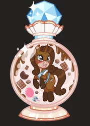 Size: 757x1055 | Tagged: safe, artist:stardust-pony, derpibooru import, oc, oc:chocolate delight, pony, unicorn, apron, blushing, candy, chocolate, clothes, commission, female, food, image, jpeg, lidded eyes, mare, open mouth, perfume, perfume bottle, solo, ych result