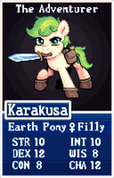 Size: 640x995 | Tagged: safe, artist:hikkage, derpibooru import, oc, oc:karakusa, unofficial characters only, pony, bag, boots, clothes, female, filly, foal, game menu, gif, image, mouth hold, saddle bag, shoes, stats, sword, weapon