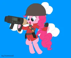 Size: 611x501 | Tagged: safe, artist:ironwoodakacleanser, derpibooru import, pinkie pie, earth pony, pony, clothes, cloud, cosplay, costume, female, helmet, image, mare, png, rocket launcher, signature, soldier, solo, team fortress 2, weapon