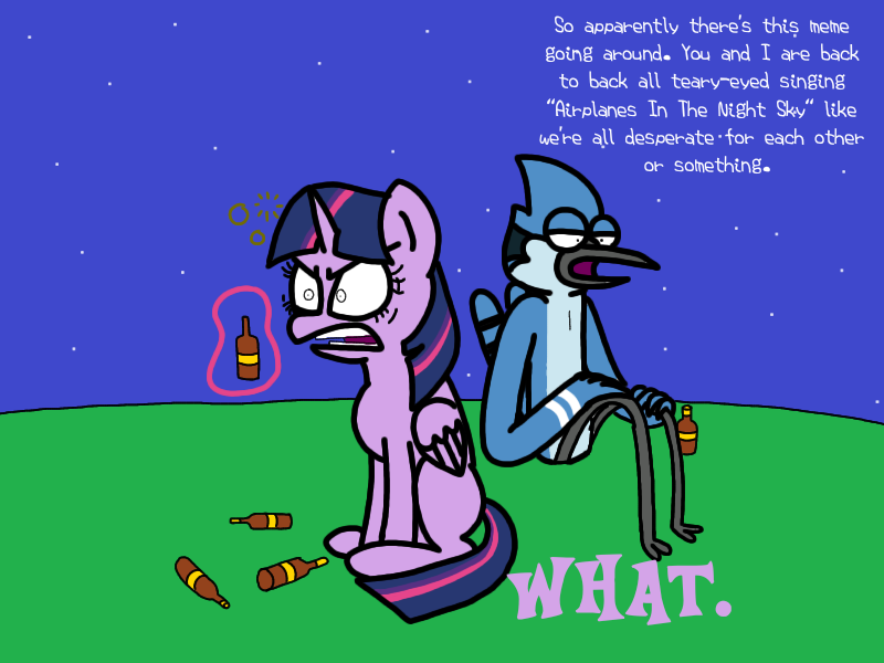 Size: 800x600 | Tagged: safe, artist:professorventurer, derpibooru import, twilight sparkle, beer bottle, bottle, crossover, crossover shipping, digitalized, drunk, drunk bubbles, drunk twilight, female, image, male, meme, mordecai, mordetwi, png, redraw mordetwi meme, regular show, shipping, straight, trace