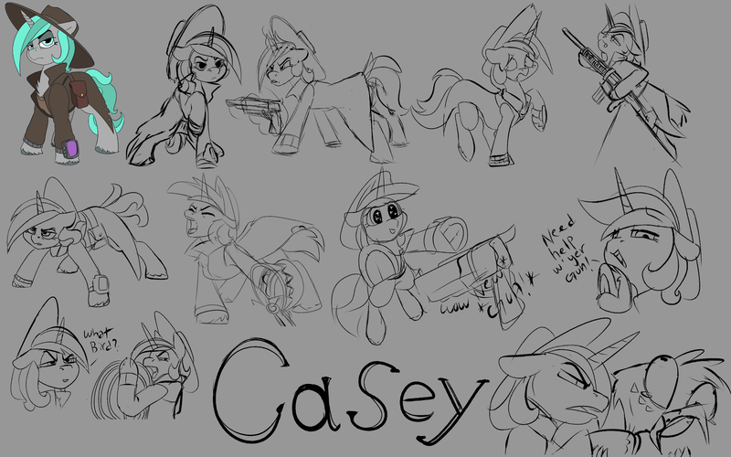 Size: 1920x1200 | Tagged: safe, artist:brainiac, derpibooru import, oc, oc:casey, unofficial characters only, pony, unicorn, fallout equestria, character study, cowboy hat, fallout equestria:all things unequal (pathfinder), female, hat, horn, image, mare, png, reference sheet, sketch, solo, unicorn oc