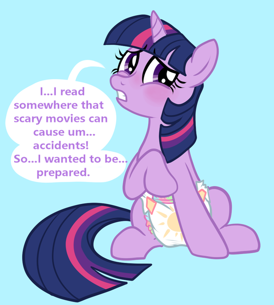 Size: 888x987 | Tagged: questionable, artist:juicebarx, derpibooru import, twilight sparkle, unicorn, blushing, diaper, diaper fetish, fetish, image, non-baby in diaper, png, simple background, sitting, solo, speech bubble, unicorn twilight