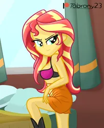 Size: 944x1160 | Tagged: suggestive, artist:tabrony23, derpibooru import, sunset shimmer, human, equestria girls, ass, bare shoulders, bed, bedroom eyes, boots, bra, breasts, bunset shimmer, busty sunset shimmer, butt, clothes, female, image, looking at you, looking back, looking back at you, patreon, patreon exclusive, patreon logo, png, sexy, shoes, show accurate, skirt, smiling, smiling at you, solo, solo female, stupid sexy sunset shimmer, underwear, window
