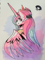 Size: 3024x4032 | Tagged: safe, artist:poxy_boxy, derpibooru import, princess celestia, alicorn, pony, bust, female, image, jpeg, looking at you, looking back, looking back at you, mare, smiling, smiling at you, solo, traditional art, watercolor painting